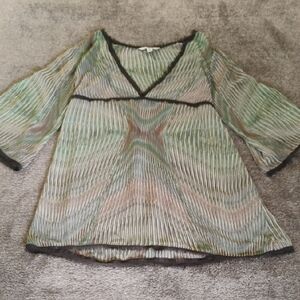 CAbi Sheer Raw Edge Striped Top